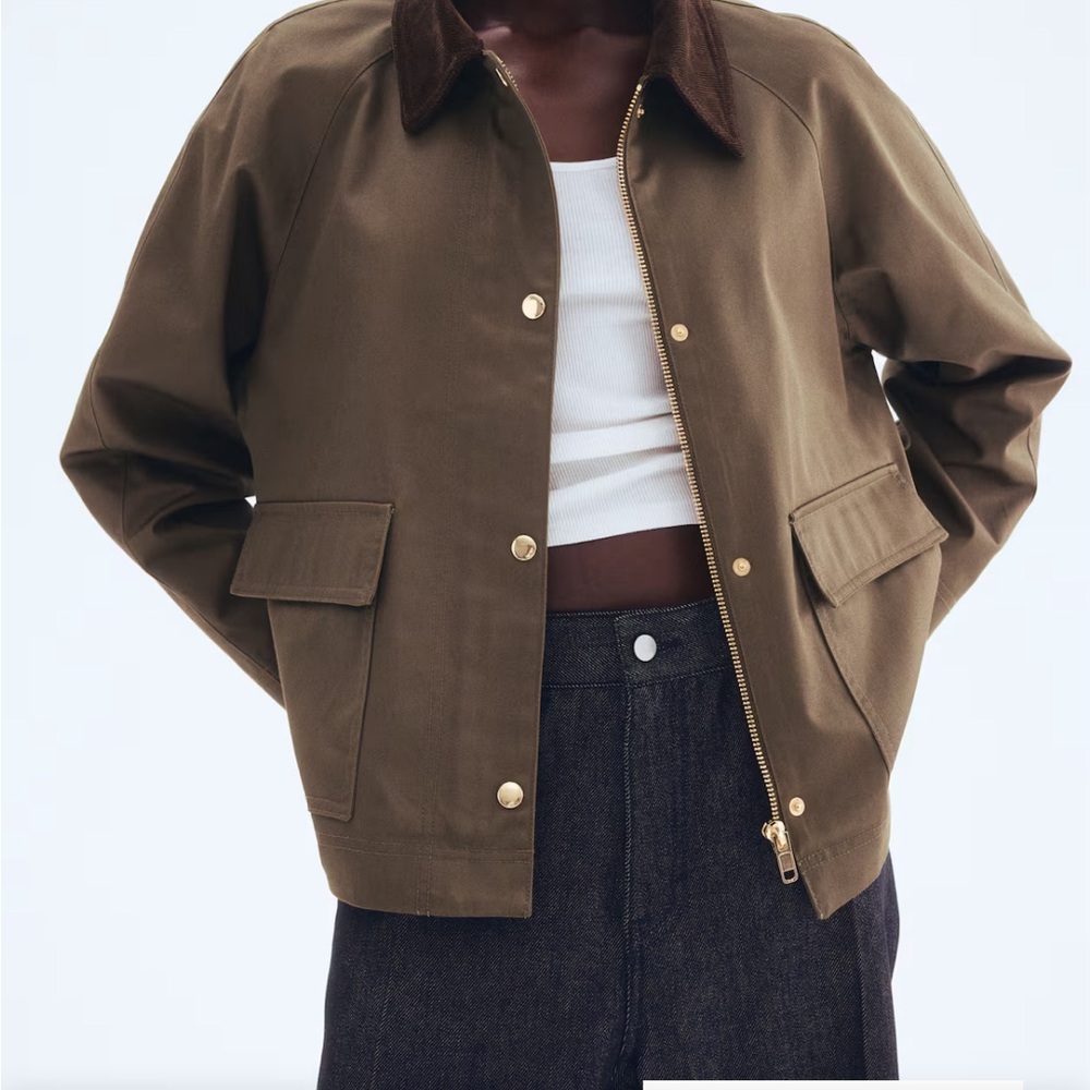 Barn Jacket in Khaki Green with Brown Corduroy Collar.